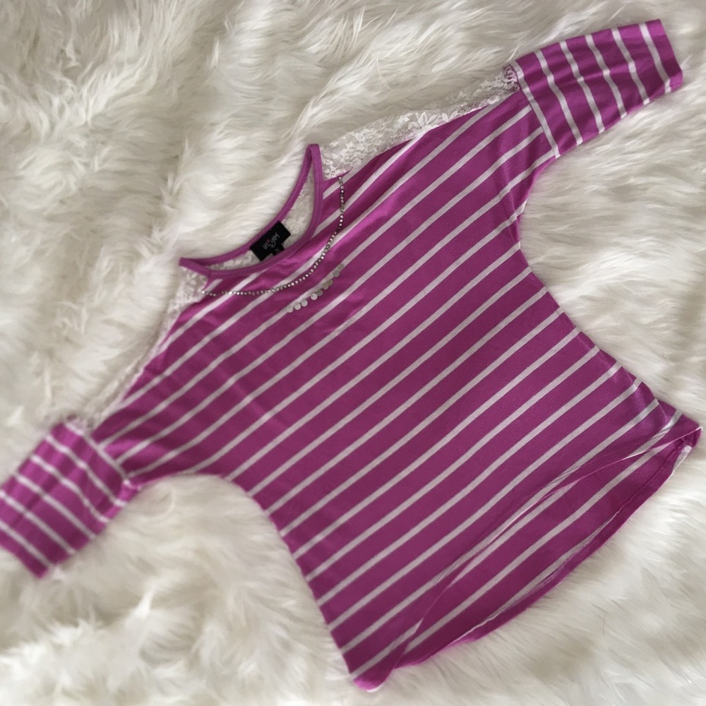 In Girl Striped 3/4 Sleeve Embellished Top, XL 16